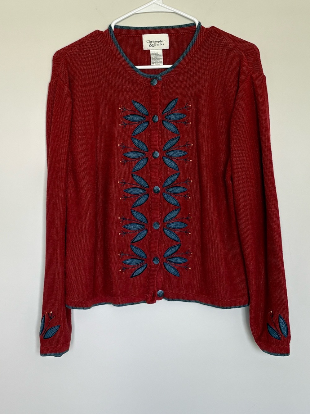 Christopher Banks Red Embroidered Cardigan L Ramie Cotton Knit Sweater Vintage